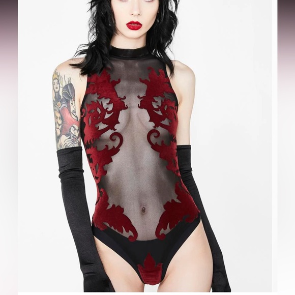 Velvet enchantress bodysuit red burn out rave festival one piece onesie lingerie - Picture 4 of 8